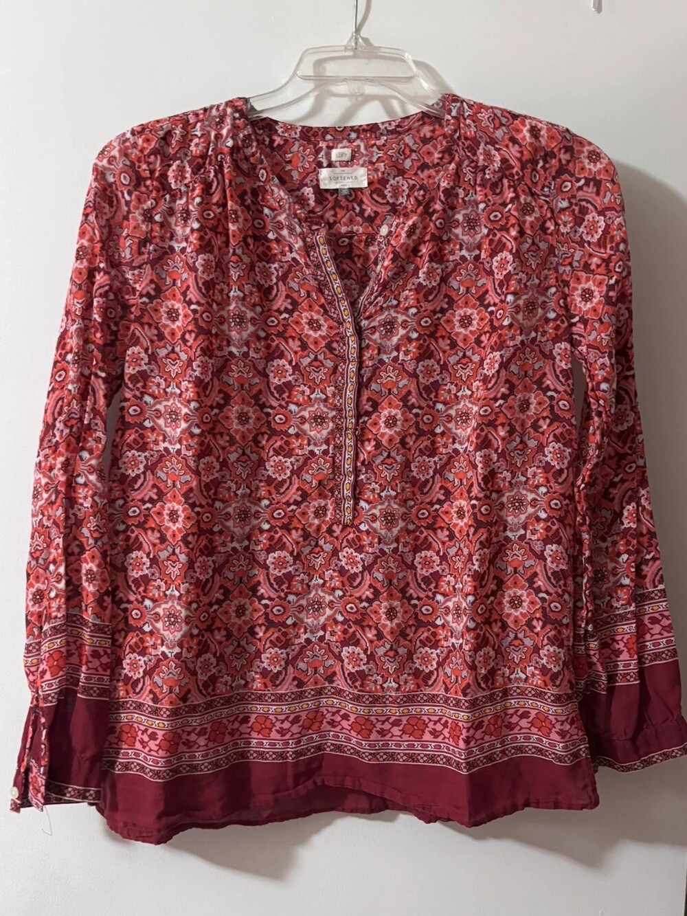 LOFT The Softened Shirt Red Burgundy Boho Medallion Print Blouse M